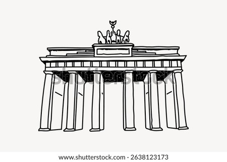 Simple line drawing of the Brandenburg Gate, featuring its iconic columns and statues. The Brandenburg Gate is a symbol of Berlin and German history. Line art illustration vector.