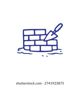 A simple line drawing of a brick wall being constructed with a trowel.