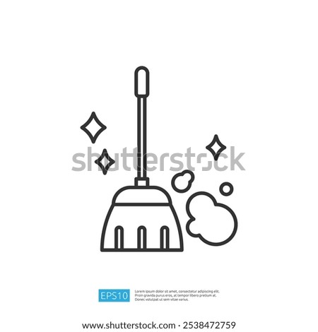 A simple line drawing of a broom with sparkling effects and a cloud of dust, symbolizing cleanliness and tidiness.