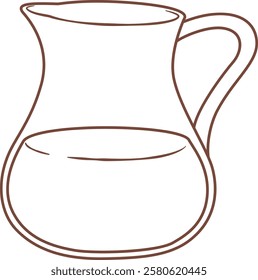 Simple line drawing of a brown ceramic pitcher containing water, featuring a handle and a wide mouth, ideal for breakfast or beverage service