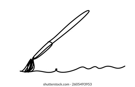 Simple line drawing of a brush creating a wavy line. Black and white illustration represents creativity and artistic expression. Line art editable continuous concept.