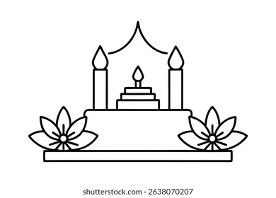 Simple line drawing of a buddhist shrine with candles and lotus flowers