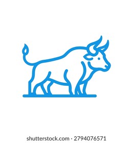 Simple line drawing of a bull with prominent horns, standing on a flat surface