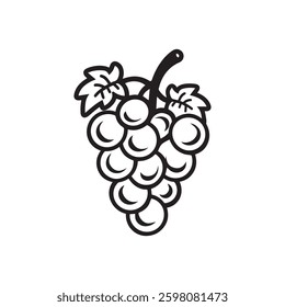 A simple line drawing of a bunch of grapes on a vine, featuring plump black icon vector design.
