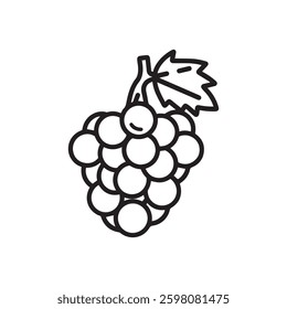 A simple line drawing of a bunch of grapes on a vine, featuring plump black icon vector design.