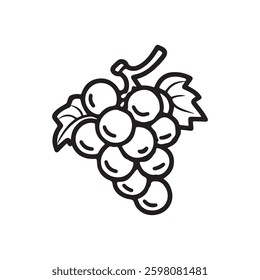 A simple line drawing of a bunch of grapes on a vine, featuring plump black icon vector design.