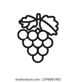 A simple line drawing of a bunch of grapes on a vine, featuring plump black icon vector design.