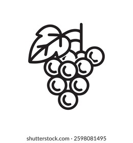A simple line drawing of a bunch of grapes on a vine, featuring plump black icon vector design.