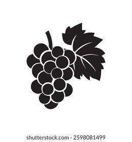 A simple line drawing of a bunch of grapes on a vine, featuring plump black icon vector design.
