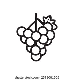 A simple line drawing of a bunch of grapes on a vine, featuring plump black icon vector design.