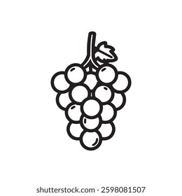 A simple line drawing of a bunch of grapes on a vine, featuring plump black icon vector design.