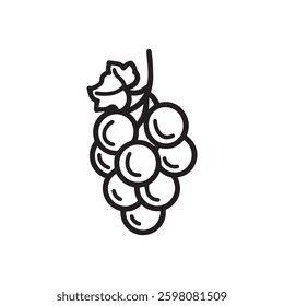 A simple line drawing of a bunch of grapes on a vine, featuring plump black icon vector design.
