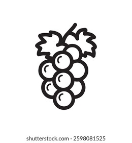 A simple line drawing of a bunch of grapes on a vine, featuring plump black icon vector design.