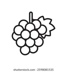 A simple line drawing of a bunch of grapes on a vine, featuring plump black icon vector design.