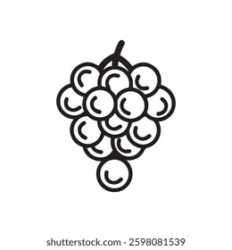 A simple line drawing of a bunch of grapes on a vine, featuring plump black icon vector design.
