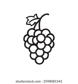 A simple line drawing of a bunch of grapes on a vine, featuring plump black icon vector design.