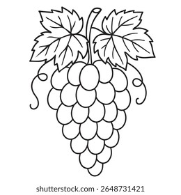 Simple Line Drawing of a Bunch of Grapes with Leaves