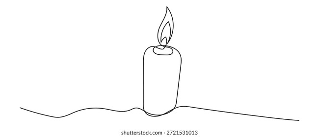 Desenho de linha simples de uma vela em chamas com um único ícone de chama. sereno, calmo, ambiente, luz, calor, ícone de arte de uma linha acolhedor. ilustração vetorial.