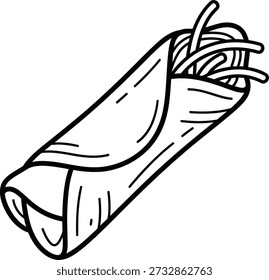 Un simple dibujo de línea de un burrito envuelto en una tortilla con relleno visible en la parte superior