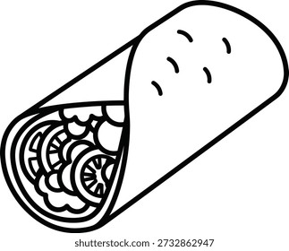 Un simple dibujo de línea de un burrito envuelto en una tortilla con rellenos visibles