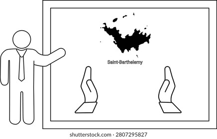 A simple line drawing of a business man pointing to a map of Saint Barthelemy on a whiteboard with two hands below.