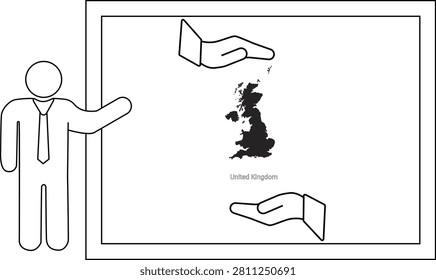 A simple line drawing of a businessman presenting a map of the United Kingdom, with two hands supporting it.