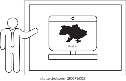 A simple line drawing of a businessman in a suit and tie pointing towards a computer monitor displaying the silhouette of Ukraine.