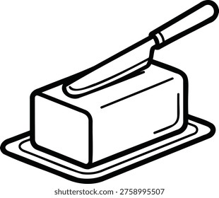 A simple line drawing of a butter knife resting on top of a block of butter which sits on a plate, all in black lines on a white background