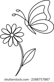 Simple Line Drawing of Butterfly and Daisy Flower