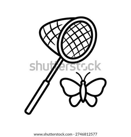 a simple line drawing of a butterfly and a net on a white background, the net is positioned above the butterfly, both are drawn in black lines