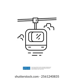 A simple line drawing of a cable car, suspended from a cable, suggesting movement and travel through mountainous or elevated terrain.