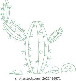 A simple line drawing of a cactus with multiple arms and sharp spines, surrounded by small desert rocks and plants.