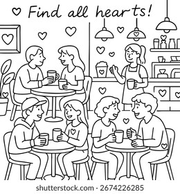 Dibujo de línea simple de un café con personas bebiendo café y camarera, incluidos corazones ocultos para rompecabezas de niños.