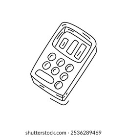 A simple line drawing of a calculator, featuring buttons and a display, commonly used for mathematical calculations in various settings.