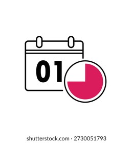 A simple line drawing of a calendar with the date 01 and a pie chart showing partial completion