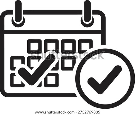 A simple line drawing of a calendar with a QR code and two checkmarks