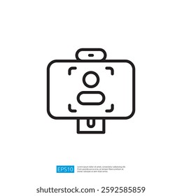 A simple line drawing of a camera with a focus on a person's face, suggesting photography or video recording.