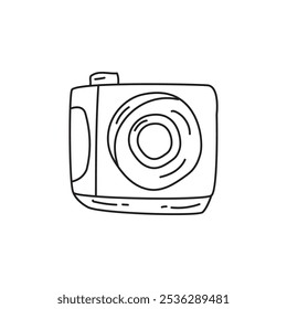 A simple line drawing of a camera, illustrating its shape and features, emphasizing its purpose for capturing images.