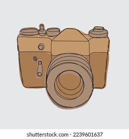 A simple line drawing of a camera in a minimalist style isolated on a gray background.