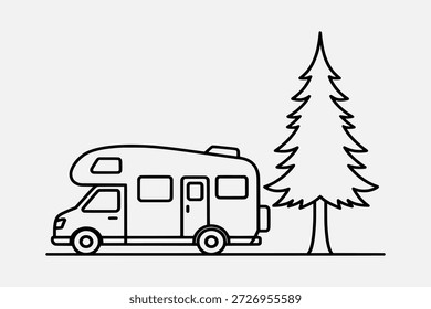 Simple line drawing of a camper van parked beside a tree