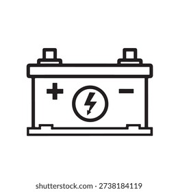 Simple line drawing of a car battery with positive and negative terminals and a lightning bolt icon