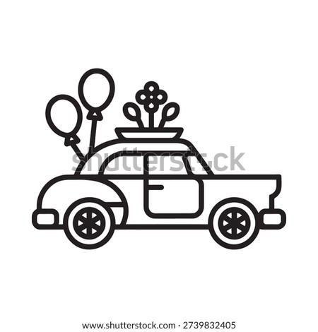 A simple line drawing of a car decorated for a celebratory occasion
