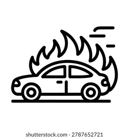 A simple line drawing of a car on fire, with flames engulfing the back half of the vehicle. The image is a black silhouette on a white background, conveying a sense of danger and urgency. The car's silhouette is prominent, with the flames rising high behind it.