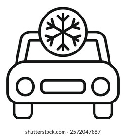 Simple line drawing of a car with a snowflake symbol, representing a frozen engine during winter