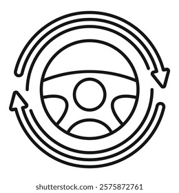 Simple line drawing of a car steering wheel surrounded by two circular arrows, symbolizing driving lessons and learning to drive