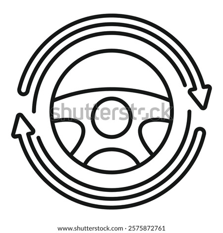 Simple line drawing of a car steering wheel surrounded by two circular arrows, symbolizing driving lessons and learning to drive