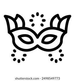 Simple line drawing of a carnival mask with feathers surrounded by confetti, perfect for party and celebration projects