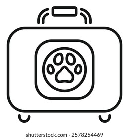 Simple line drawing of a carrying case for pets featuring a paw print, evoking pet care and travel