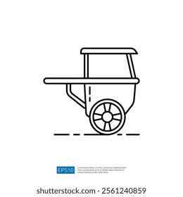 A simple line drawing of a cart with two wheels, typically used for selling food or goods in various settings.