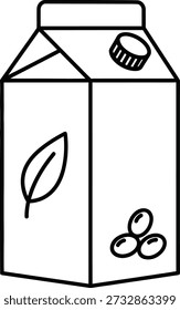 Um desenho de linha simples de uma caixa de leite à base de plantas com ilustrações de folhas e bagas